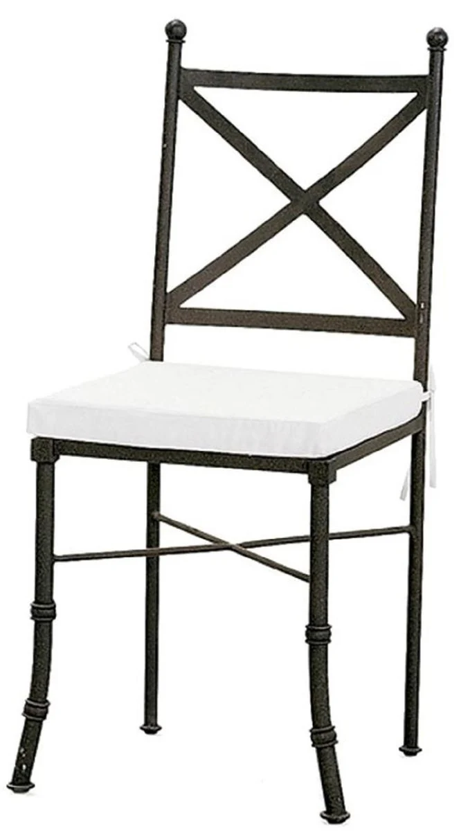 Casa Padrino Luxus Jugendstil Gartenstuhl mit Sitzkissen Schwarz / Weiß 40 x 44 x H. 99 cm - Handgeschmiedeter Esszimmer Stuhl - Esszimmer Garten Terrassen Möbel