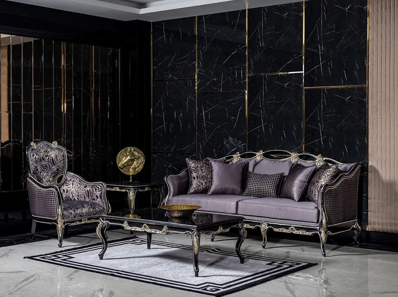 Casa Padrino Luxus Barock Wohnzimmer Sessel Lila / Schwarz / Gold - Handgefertigter Barockstil Sessel mit elegantem Muster - Barock Wohnzimmer Möbel