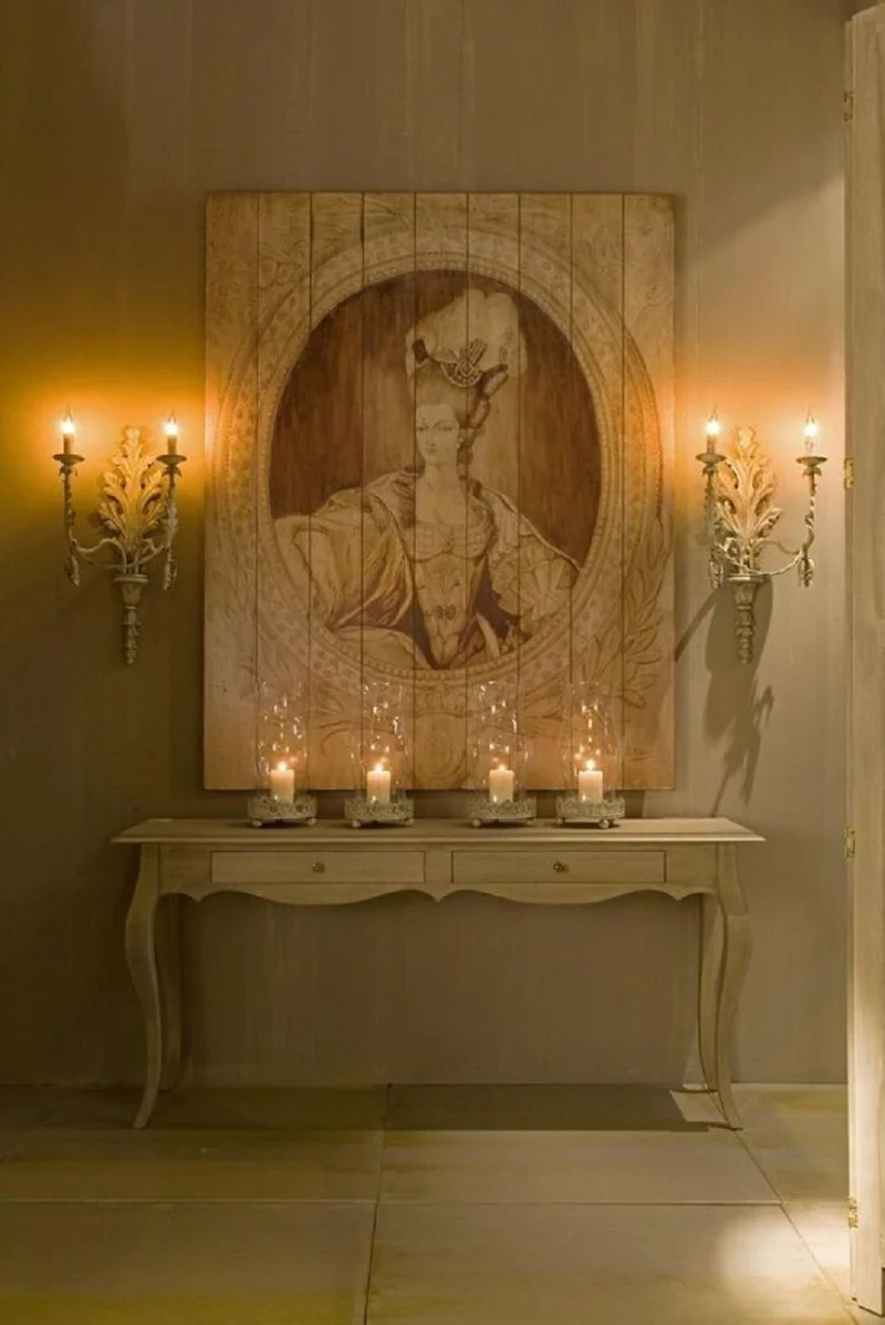 Casa Padrino Luxus Barock Wandgemälde Lady Grau / Grün 150 x H. 190 cm - Handgemaltes Holz Gemälde - Barock Wand Dekoration - Edel & Prunkvoll