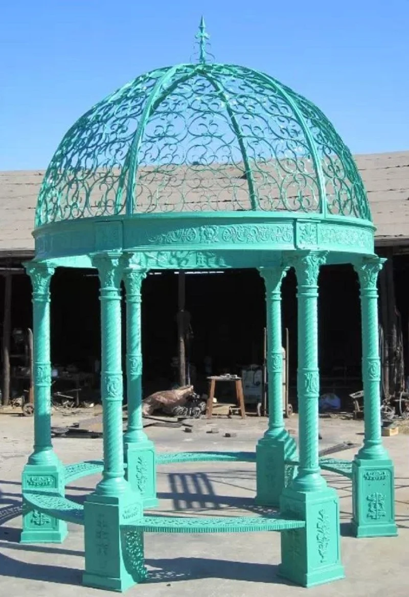 Casa Padrino Luxus Barock Garten Pavillon Mintgrün Ø 300 x H. 420 cm - Gusseisen Pavillon mit integrierten Sitzbänken - Prunkvolle Garten Deko im Barockstil