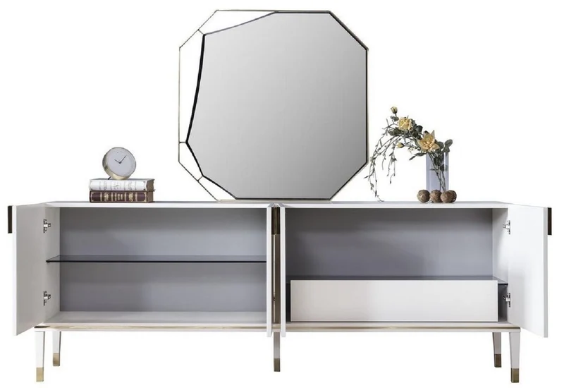 Casa Padrino Luxus Möbel Set Weiß / Gold - 1 Sideboard mit 4 Türen & 1 Spiegel - Moderne Massivholz Möbel - Luxus Kollektion