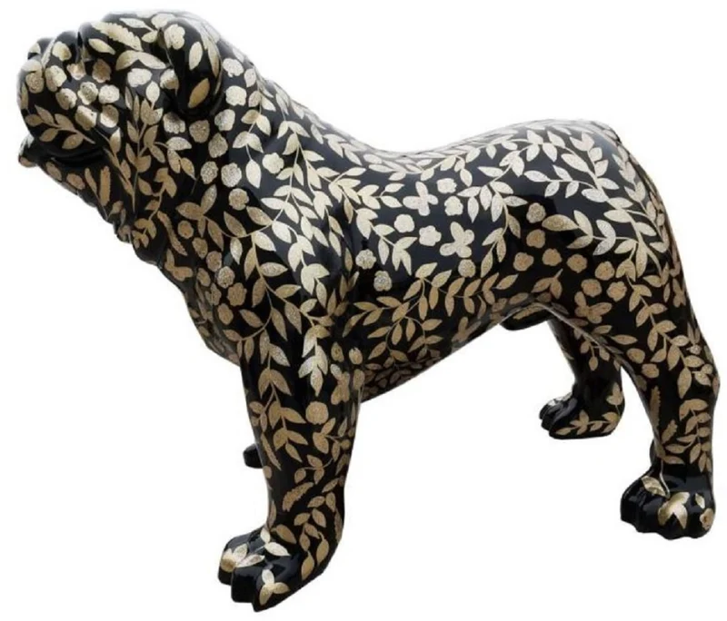 Casa Padrino Designer Dekofigur Hund Bulldogge mit Glitzer Look Schwarz / Gold 90 x H. 74 cm - Wetterbeständige Deko Skulptur - Wohnzimmer Deko - Garten Deko - Designer Deko Tierfigur