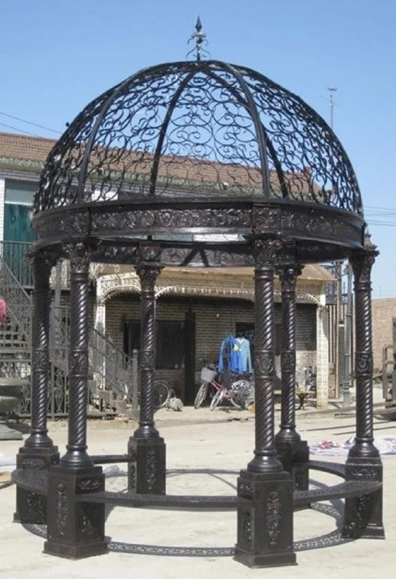 Casa Padrino Luxus Barock Garten Pavillon Braun Ø 300 x H. 420 cm - Gusseisen Pavillon mit integrierten Sitzbänken - Prunkvolle Garten Deko im Barockstil