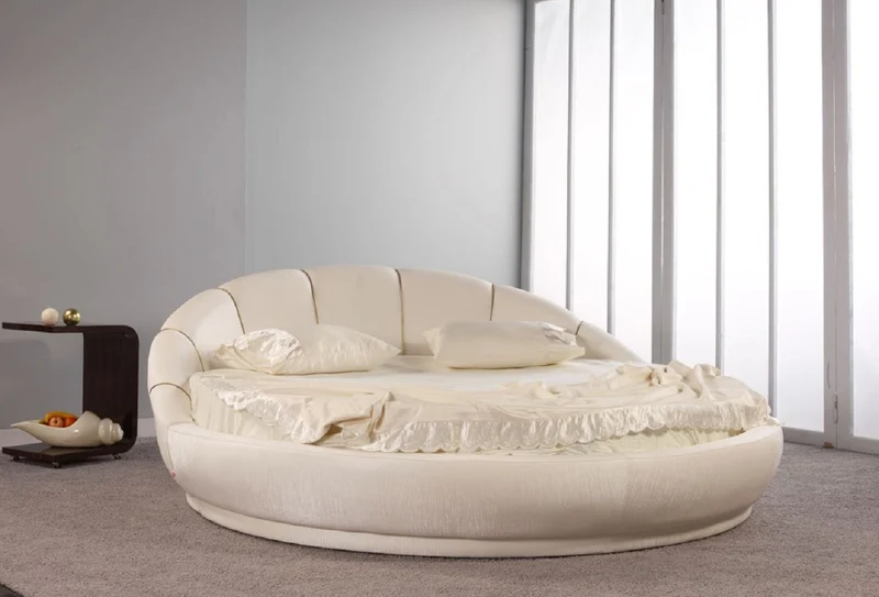 Casa Padrino Luxus Rundbett Cremefarben Ø 240 x H. 90 cm - Rundes Doppelbett mit Matratze - Luxus Schlafzimmer Möbel