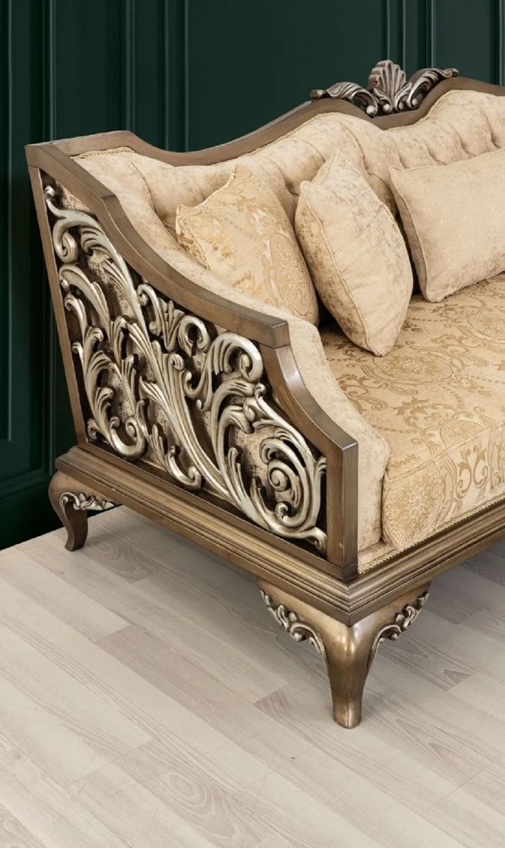 Casa Padrino Luxus Barock Sofa Beige / Gold / Braun / Silber - Wohnzimmer Sofa im Barockstil - Barock Wohnzimmer Möbel - Edel & Prunkvoll