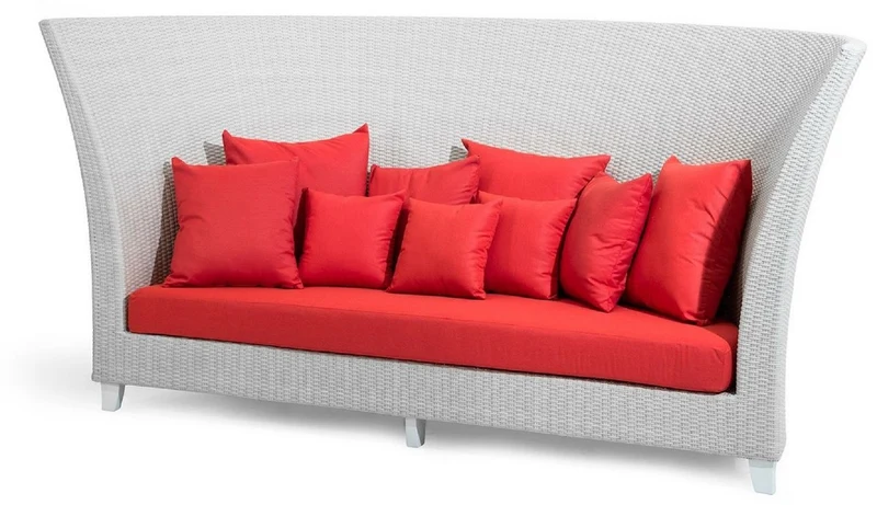 Casa Padrino Luxus Gartensofa mit halbrundem Hocker Weiß / Rot 277 x 243 x H. 133 cm - Handgewebtes Wetterbeständiges Hochlehn Sofa - Liegeinsel mit Kissen - Moderne Garten Möbel - Hotel Möbel
