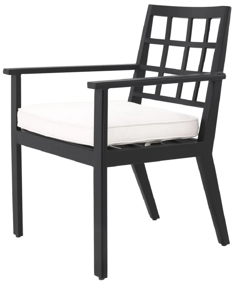 Casa Padrino Luxus Esszimmerstuhl mit Armlehnen Schwarz / Weiß 64,5 x 65 x H. 88,5 cm - Wetterbeständiger Aluminium Stuhl mit Sitzkissen - Garten Terrassen Stuhl - Luxus Qualität