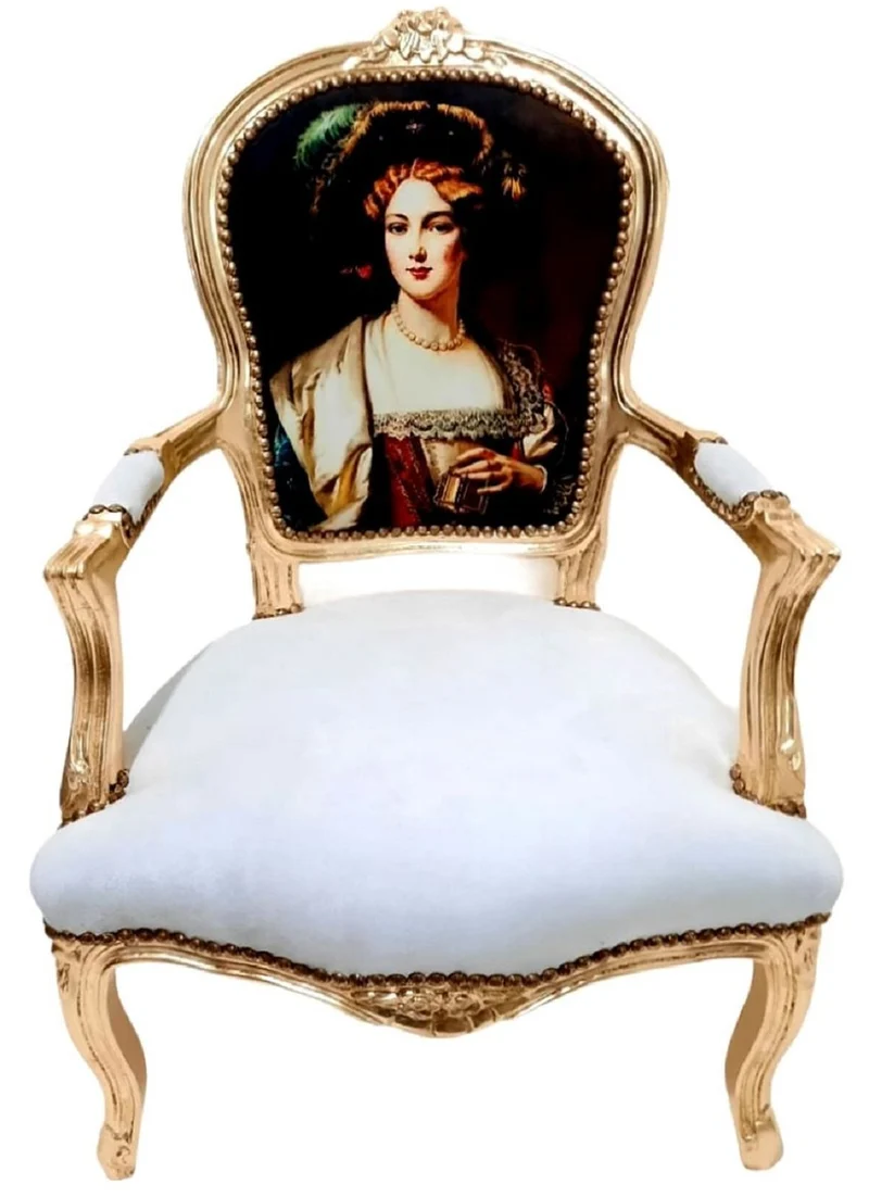 Casa Padrino Barock Salon Stuhl Dame Weiß / Gold - Handgefertigter Antik Stil Stuhl mit Armlehnen - Möbel im Barockstil