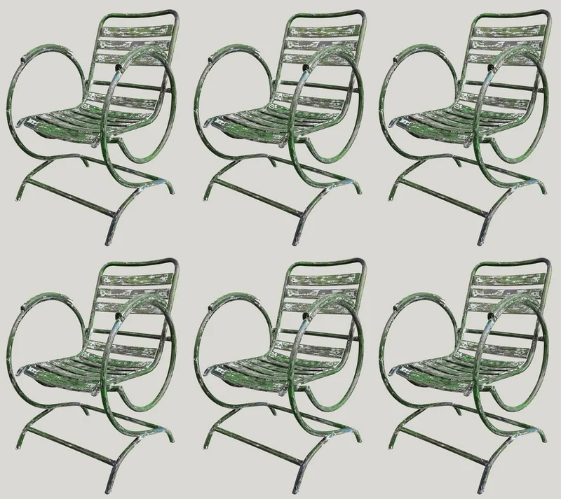Casa Padrino Jugendstil Gartenstuhl Set Antik Grün 60 x 45 x H. 85 cm - Handgefertigte Schmiedeeisen Stühle mit Armlehnen - Nostalgische Garten Möbel