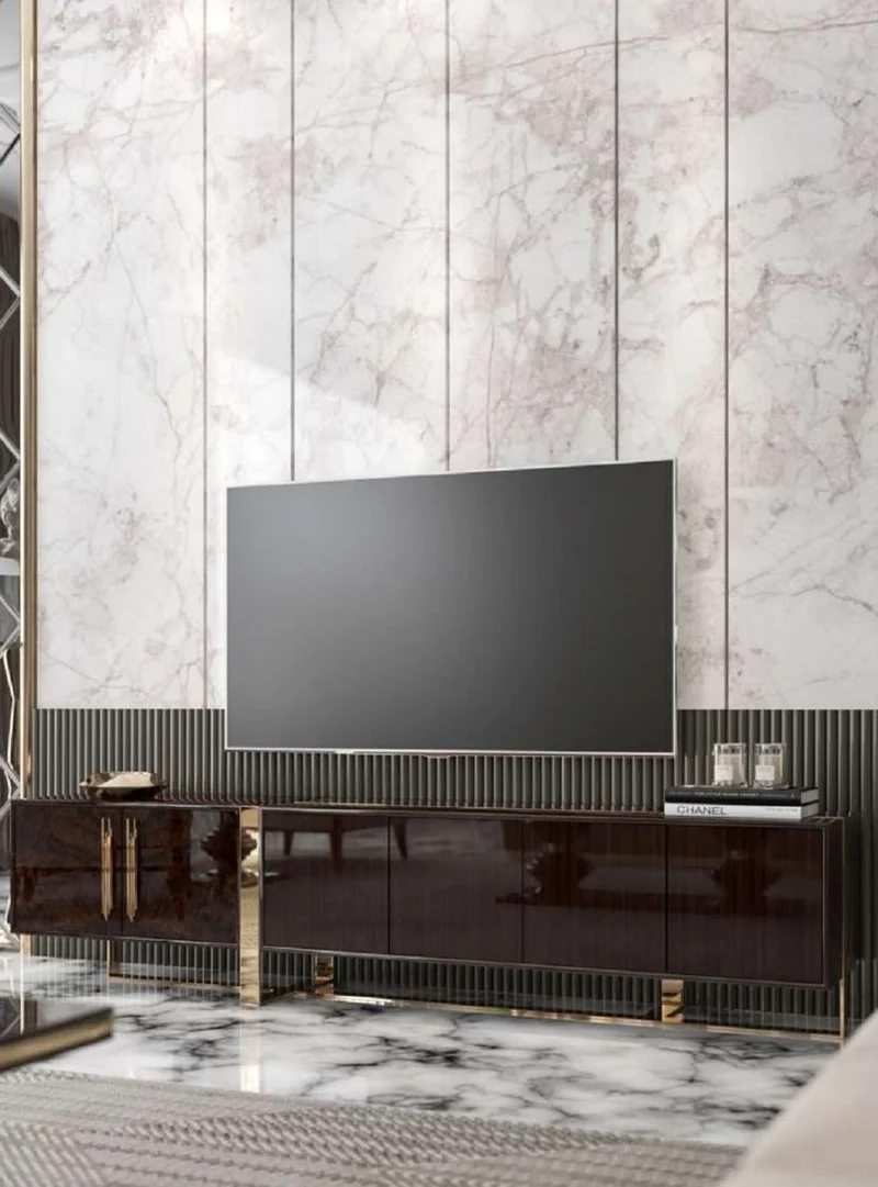 Casa Padrino Luxus Art Deco TV Schrank Dunkelbraun Hochglanz / Gold - Edler Wohnzimmer Fernsehschrank mit 6 Türen - Art Deco Möbel