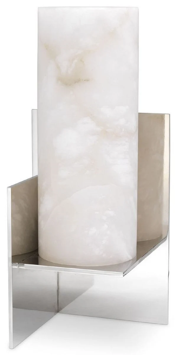 Casa Padrino Designer Tischleuchte Silber / Alabaster 18,5 x 18,5 x H. 40 cm - Moderne Tischlampe mit Alabaster Lampenschirm - Luxus Kollektion