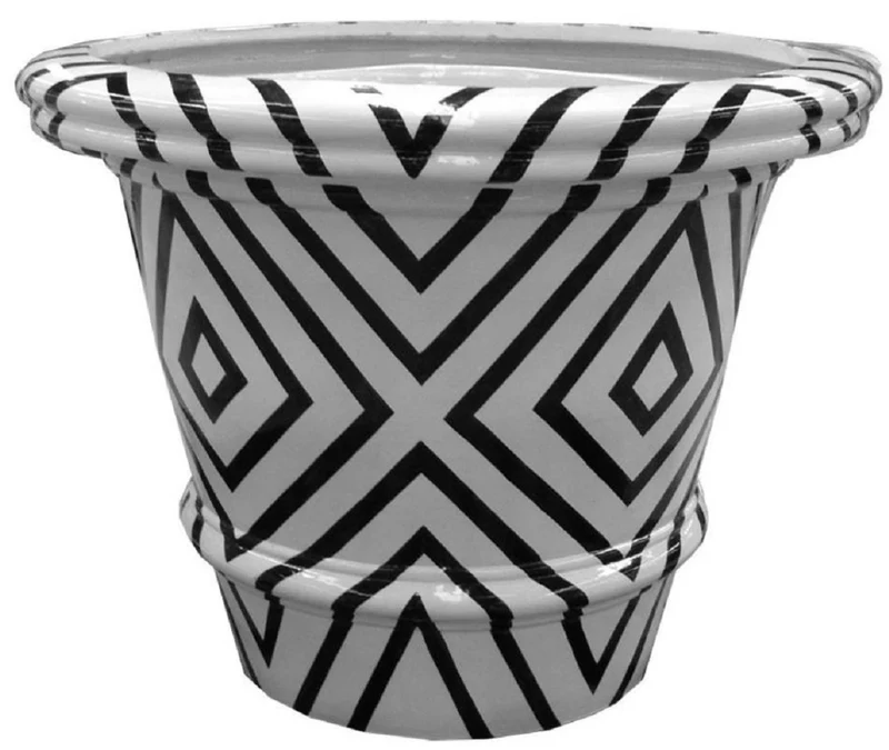 Casa Padrino Luxus Blumentopf Weiß / Schwarz Ø 79 x H. 63 cm - Handgefertigter & Handbemalter Keramik Pflanzentopf - Balkon Terrassen Garten Deko - Luxus Deko Accessoires