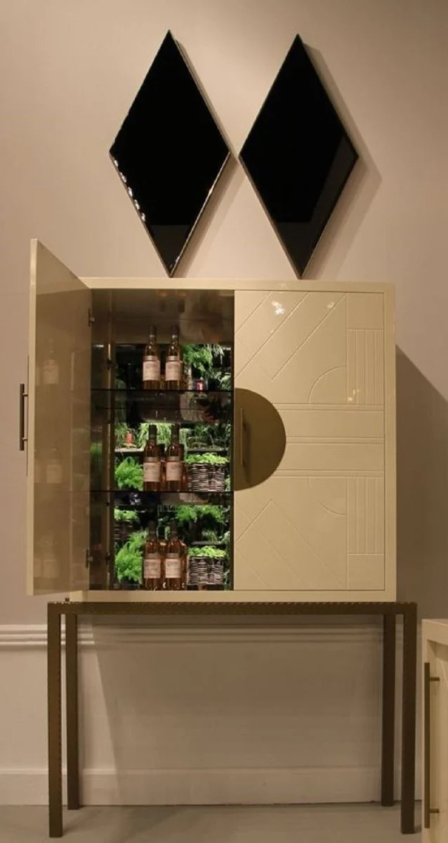 Casa Padrino Designer Barschrank Creme / Messing 120 x 40 x H. 190 cm - Edler Weinschrank mit hochwertigen Keramikfliesen - Bar Möbel - Hotel Möbel - Luxus Qualität