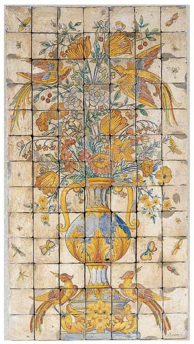 Casa Padrino Luxus Barock Deko Wandgemälde Vase mit Blumen und Vögel Mehrfarbig 70 x H. 130 cm - Handgefertigte & Handbemalte Naturstein Mosaik Fliesen - Barock Wanddeko