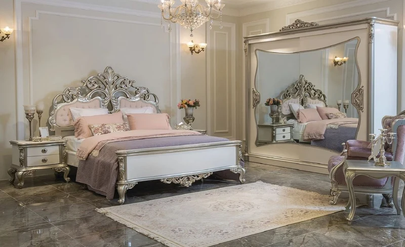 Casa Padrino Luxus Barock Doppelbett Rosa / Weiß / Silber 200 x 228 x H. 175 cm - Edles Massivholz Bett mit Kopfteil - Prunkvolle Schlafzimmer Möbel im Barockstil