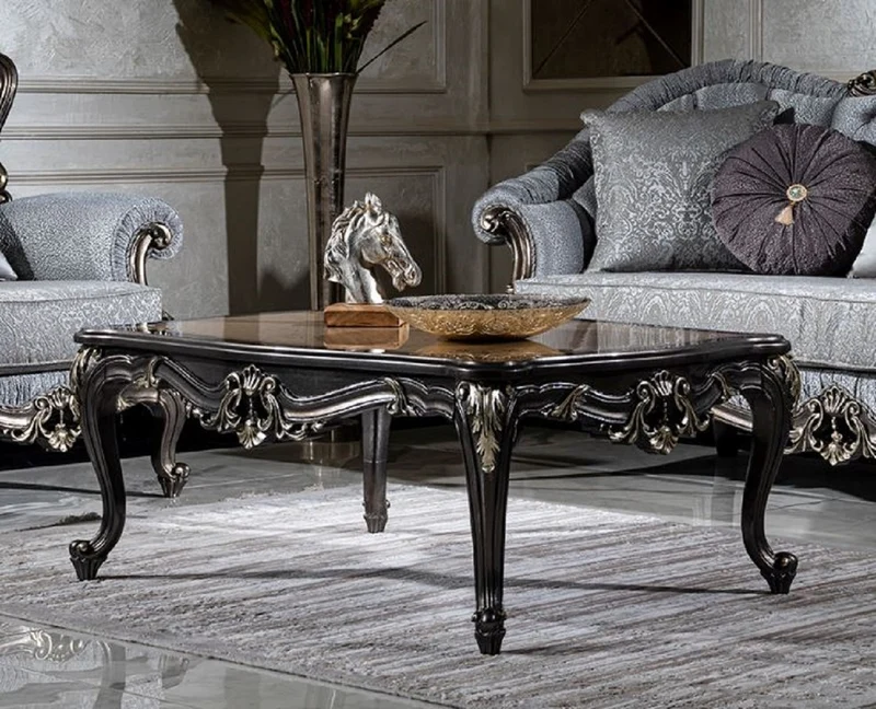Casa Padrino Luxus Barock Couchtisch Beige / Dunkelgrau / Gold - Handgefertigter Massivholz Wohnzimmertisch - Wohnzimmer Möbel im Barockstil