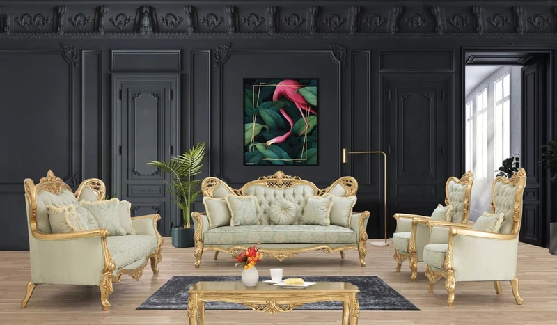 Casa Padrino Luxus Barock Sessel Hellgrün / Gold - Handgefertigter Wohnzimmer Sessel mit elegantem Muster und Glitzersteinen - Barock Wohnzimmer Möbel - Edel & Prunkvoll