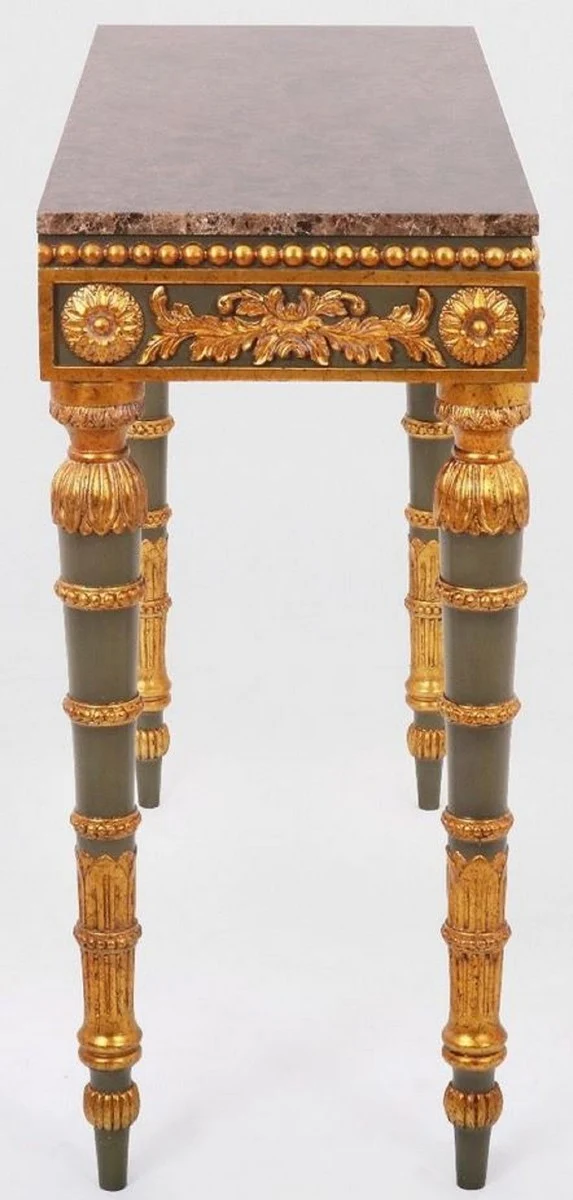 Casa Padrino Luxus Barock Konsole Grau / Antik Gold / Braun - Handgefertigter Massivholz Konsolentisch mit edlen Verzierungen und Marmorplatte - Barock Möbel