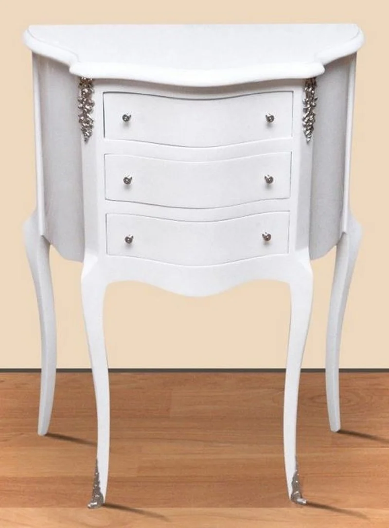 Casa Padrino Barock Nachtkommode Weiß / Silber - Massivholz Nachttisch - Beistelltisch mit 3 Schubladen - Handgefertigte Barock Möbel