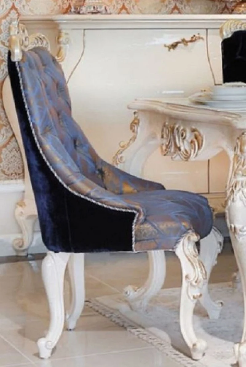 Casa Padrino Luxus Barock Esszimmerstuhl Blau / Dunkelblau / Bronze / Gold - Handgefertigter Massivholz Küchenstuhl - Esszimmer Möbel im Barockstil