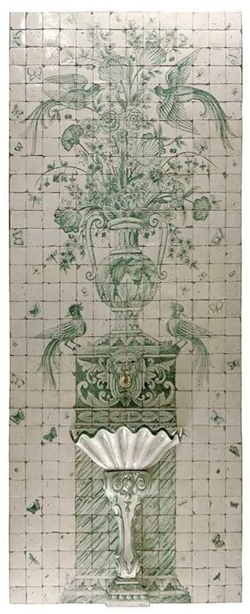 Casa Padrino Luxus Barock Wandbrunnen mit Fliesen Wandgemälde Weiß / Grün - Handgefertigt & Handbemalt - Luxus Qualität - Barock Hotel Garten Deko Accessoires
