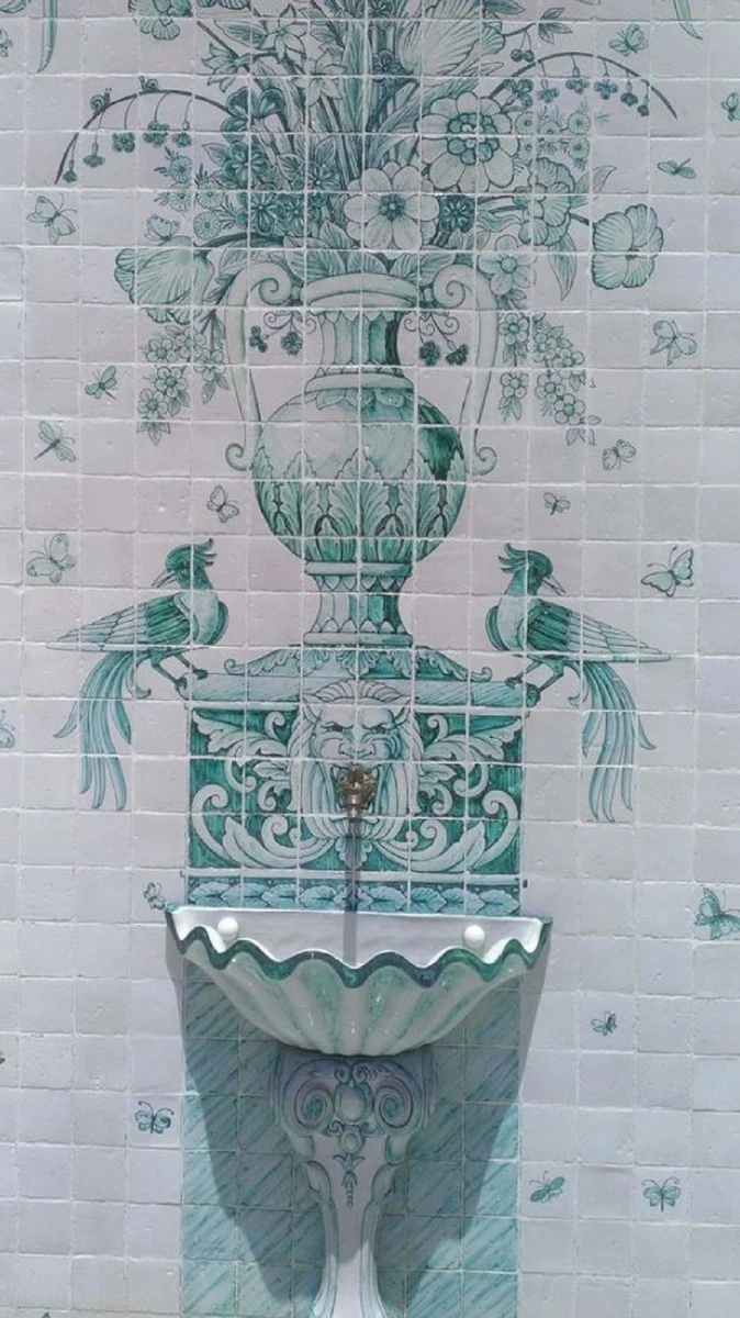 Casa Padrino Luxus Barock Wandbrunnen mit Fliesen Wandgemälde Weiß / Grün - Handgefertigt & Handbemalt - Luxus Qualität - Barock Hotel Garten Deko Accessoires