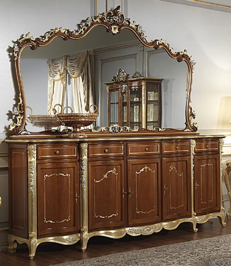 Casa Padrino Luxus Barock Möbel Set Sideboard mit Spiegel Braun / Gold / Silber - Edler Massivholz Schrank mit Wandspiegel - Hotel Möbel - Schloss Möbel - Luxus Qualität - Made in Italy