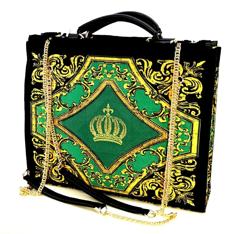 Pompöös by Casa Padrino Luxus Damen Handtasche Krone und Glitzersteine Grün / Schwarz / Gold 43 x H. 43 cm - designed by Harald Glööckler