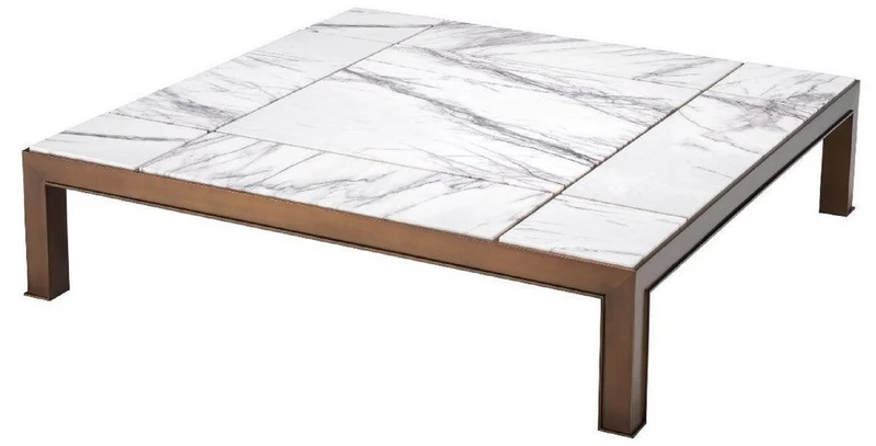 Casa Padrino Luxus Couchtisch Antik Messingfarben / Weiß / Lila 119 x 119 x H. 29 cm - Moderner Edelstahl Wohnzimmertisch mit Marmorplatten - Wohnzimmer Möbel