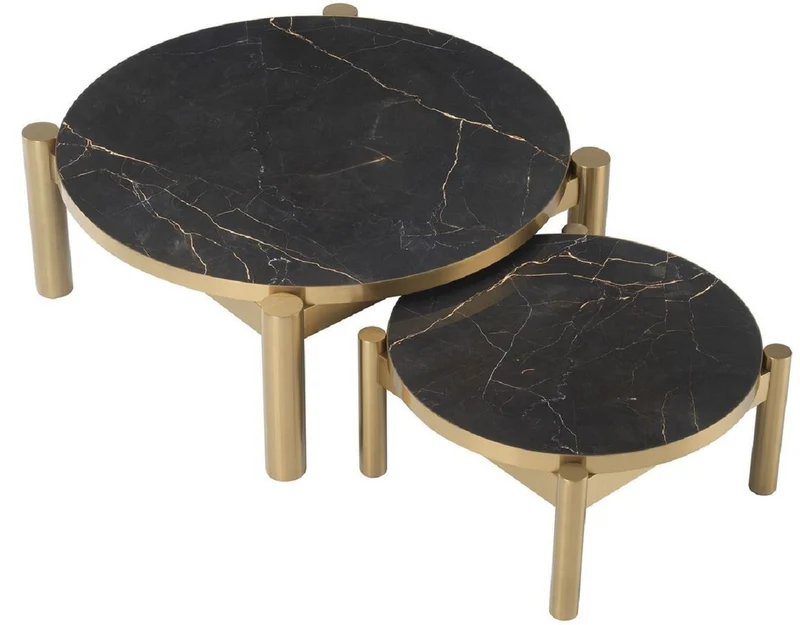 Casa Padrino Luxus Couchtisch Set Messingfarben / Schwarz - Edelstahl Wohnzimmertische mit Keramikplatten - Luxus Wohnzimmer Möbel