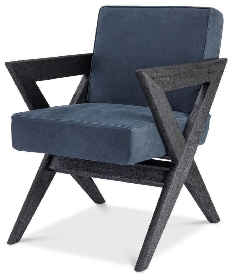Casa Padrino Luxus Echtleder Esszimmerstuhl mit Armlehnen Blau / Schwarz 59 x 74 x H. 88 cm - Küchenstuhl mit edlem Nubuk Büffelleder - Luxus Esszimmer Möbel