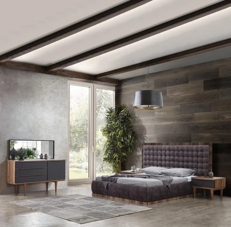 Casa Padrino Luxus Massivholz Schlafzimmer Set Grau / Braun - 1 Doppelbett mit Kopfteil & 2 Nachttische - Luxus Schlafzimmer Möbel