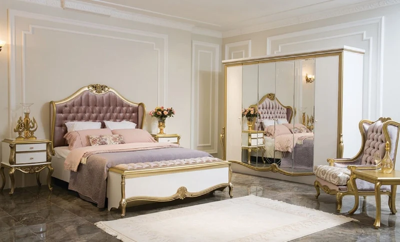 Casa Padrino Luxus Barock Doppelbett Lila / Rosa / Weiß / Gold 170 x 207 x H. 168 cm - Edles Massivholz Bett mit Kopfteil - Prunkvolle Schlafzimmer Möbel im Barockstil