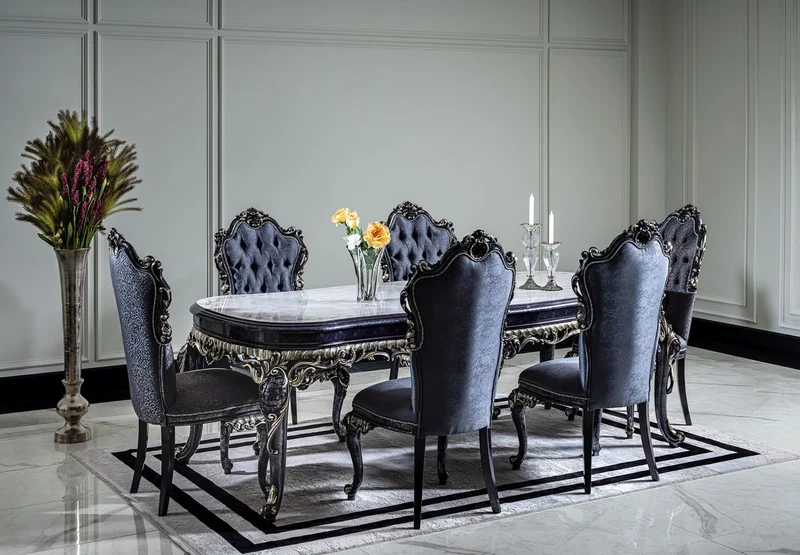 Casa Padrino Luxus Barock Esszimmer Set Weiß / Blau / Gold - 1 Esstisch & 6 Esszimmerstühle - Barock Esszimmer Möbel - Edel & Prunkvoll