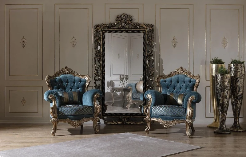 Casa Padrino Luxus Barock Wohnzimmer Set Blau / Gold - 2 Sofas & 2 Sessel & 1 Couchtisch - Prunkvolle Wohnzimmer Möbel im Barockstil