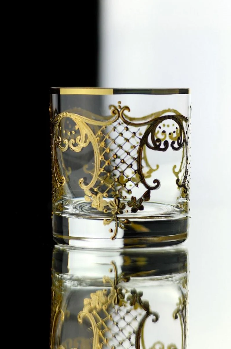 Casa Padrino Luxus Barock Whisky Glas 6er Set Gold Ø 8 x H. 9 cm - Handgefertigte und handbemalte Whiskygläser - Hotel & Restaurant Accessoires - Luxus Qualität