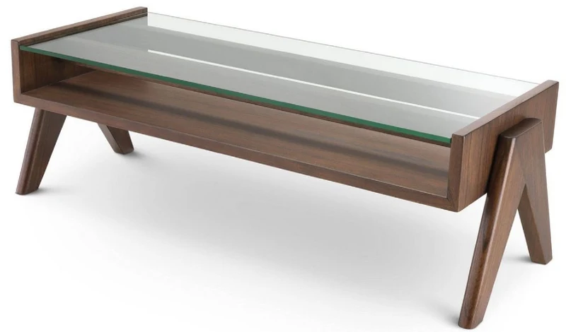 Casa Padrino Luxus Couchtisch Braun 120 x 46 x H. 39,5 cm - Rechteckiger Massivholz Wohnzimmertisch mit Glasplatte - Luxus Wohnzimmer Möbel