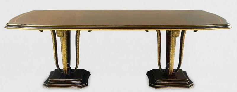 Casa Padrino Luxus Barock Esstisch Braun / Gold 240 x 110 x H. 78 cm - Edler Massivholz Küchentisch mit dekorativen handgeschnitzten Federn - Esszimmer Möbel im Barockstil