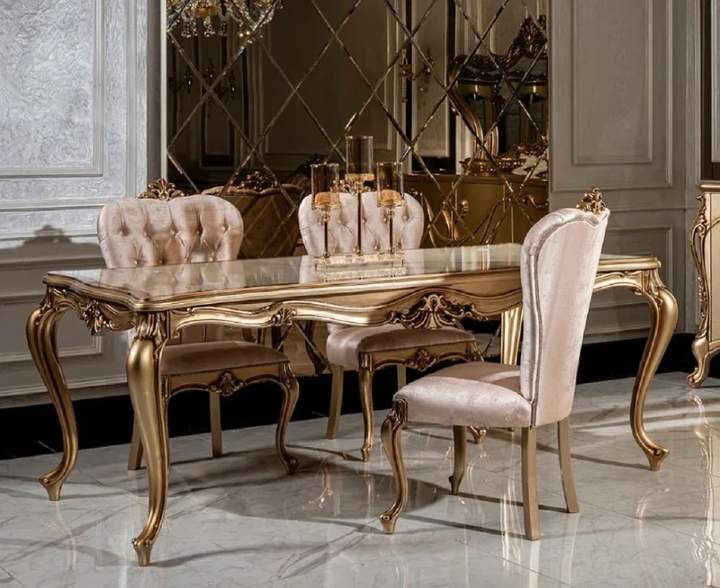Casa Padrino Luxus Barock Esszimmer Set Weiß / Rosa / Gold - 1 Esstisch & 6 Esszimmerstühle - Edle Esszimmer Möbel im Barockstil