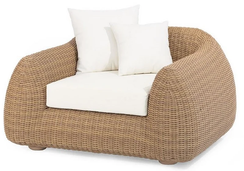 Casa Padrino Luxus Gartensessel Naturfarben / Weiß 128 x 118 x H. 72 cm - Handgewebter Wetterbeständiger Sessel - Garten Terrassen Sessel Möbel - Luxus Qualität