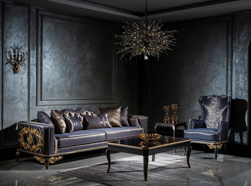 Casa Padrino Luxus Barock Ohrensessel Blau / Schwarz / Gold - Edler Wohnzimmer Sessel mit elegantem Muster - Handgefertigte Barock Möbel