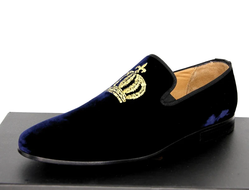 Pompöös by Casa Padrino Luxus Samt Slipper Krone Nachtblau / Gold - Verschiedene Schuhgrößen - designed by Harald Glööckler