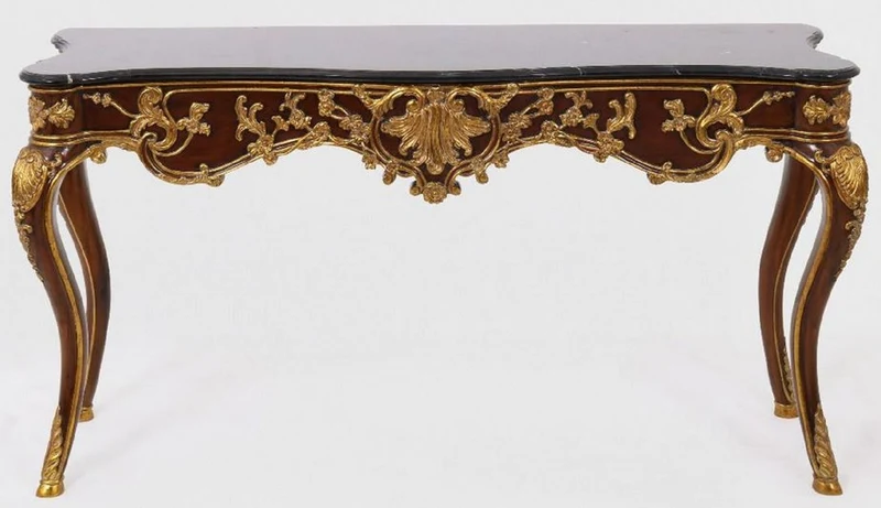 Casa Padrino Luxus Barock Konsole Dunkelbraun / Gold / Schwarz 155 x 45 x H. 80 cm - Mahagoni Konsolentisch mit edlen Verzierungen und Marmorplatte - Möbel im Barockstil