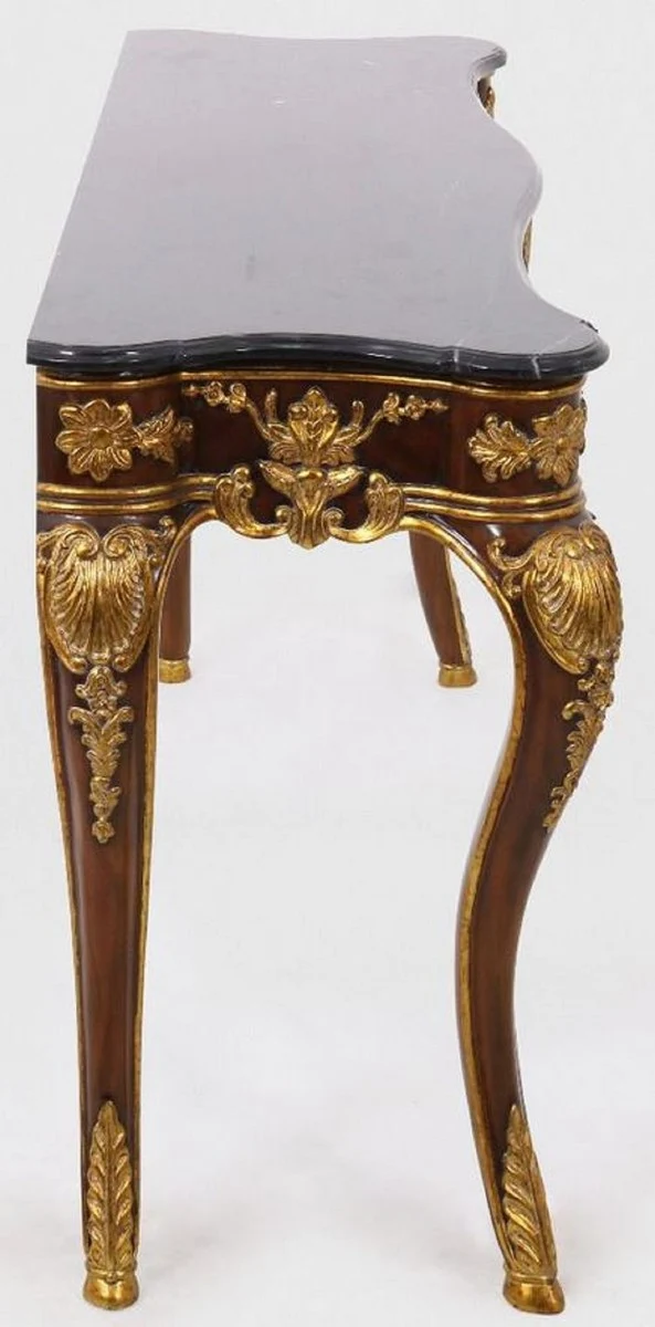 Casa Padrino Luxus Barock Konsole Dunkelbraun / Gold / Schwarz 155 x 45 x H. 80 cm - Mahagoni Konsolentisch mit edlen Verzierungen und Marmorplatte - Möbel im Barockstil