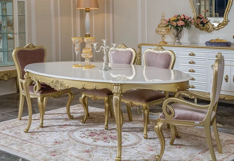Casa Padrino Luxus Barock Esszimmer Set Rosa / Weiß / Gold - 1 ovaler Esstisch & 6 Esszimmerstühle - Prunkvolle Esszimmer Möbel im Barockstil
