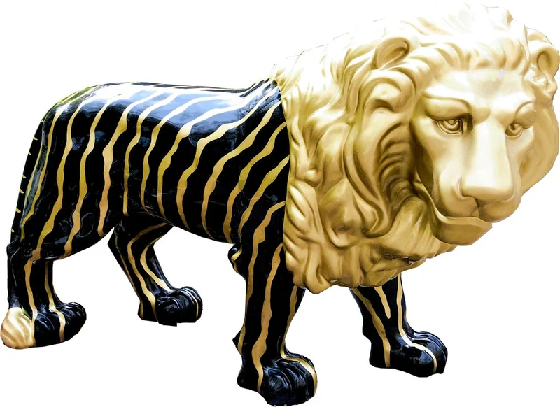 Casa Padrino Designer Dekofigur Löwe Schwarz / Gold Lebensgross 190 x 61 x H. 140 cm - Riesige Lebensgroße Skulptur - Gartendeko