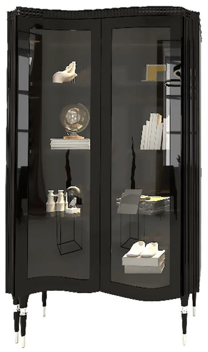 Casa Padrino Luxus Art Deco Vitrine Schwarz / Silber - Handgefertigter Massivholz Vitrinenschrank mit 2 Glastüren - Art Deco Wohnzimmer Möbel