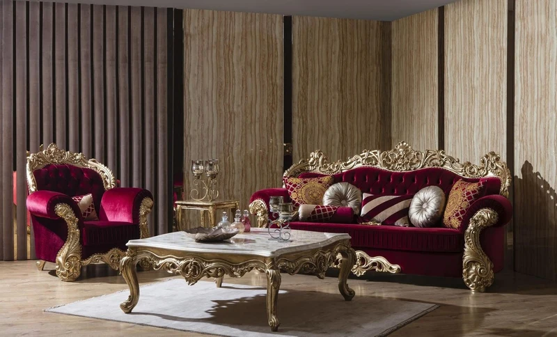 Casa Padrino Luxus Barock Wohnzimmer Set Boardeauxrot / Weiß / Gold - 2 Sofas & 2 Sessel & 1 Couchtisch - Wohnzimmer Möbel im Barockstil - Edel & Prunkvoll