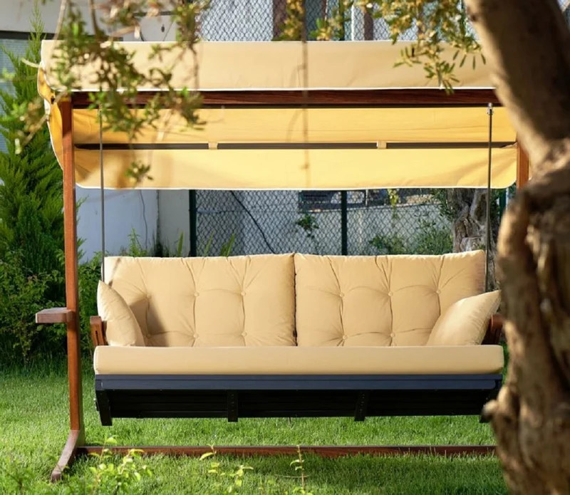 Casa Padrino Luxus Hollywood Schaukel Beige / Braun - Moderne Wetterfeste Garten Schaukel mit Sonnendach - Garten Terrassen Hotel Möbel - Luxus Kollektion