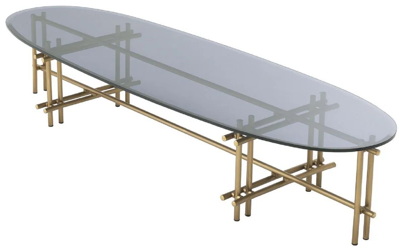 Casa Padrino Luxus Couchtisch Messingfarben / Grau 159 x 50 x H. 30 cm - Edelstahl Wohnzimmertisch mit Glasplatte - Wohnzimmer Möbel - Luxus Qualität